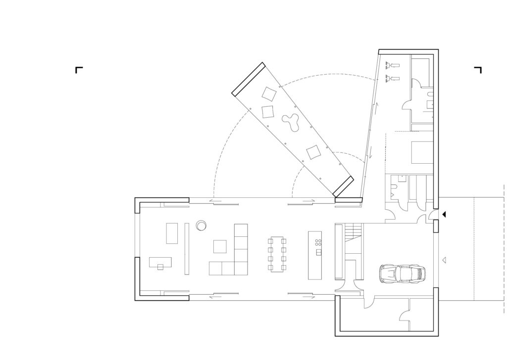 Grundriss-Skizze des beweglichen Hauses: Der mobile Gebäudeteil „wandert“ je nach Sonnenstand (Grafik: KWK Promes)