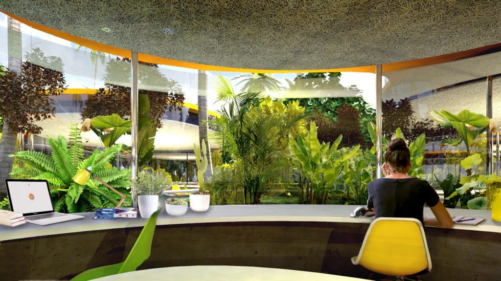 Arbeiten mit „Outdoor-Gefühl“ in Hollywoods neuem Co-Working-Campus: Ovale Einheiten mit transparenten Wänden bieten 360-Grad-Blick in die Gartenanlagen (Bild: Selgascano)