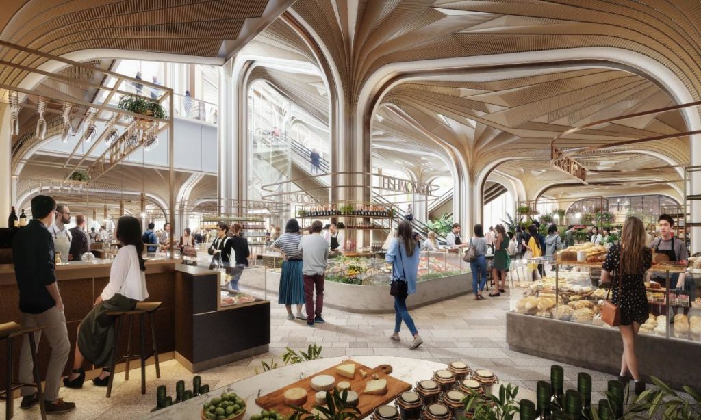 Eine Food-Hall im Verbindungsweg zwischen den Gebäuden des neu gestalteten Tokioer Bezirks wird zum Verweilen und Genießen laden. (Bild: Heatherwick Studio / DBOX for Mori)