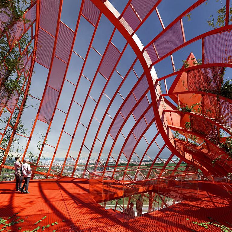 Das Wrack-Kunstwerk aus rotem Stahl, rankendes Grün und eine öffentliche Aussichtsplattform an der Spitze sollen den Top Tower zur Besucher-Attraktion machen. (Bild: Vyhlidka)