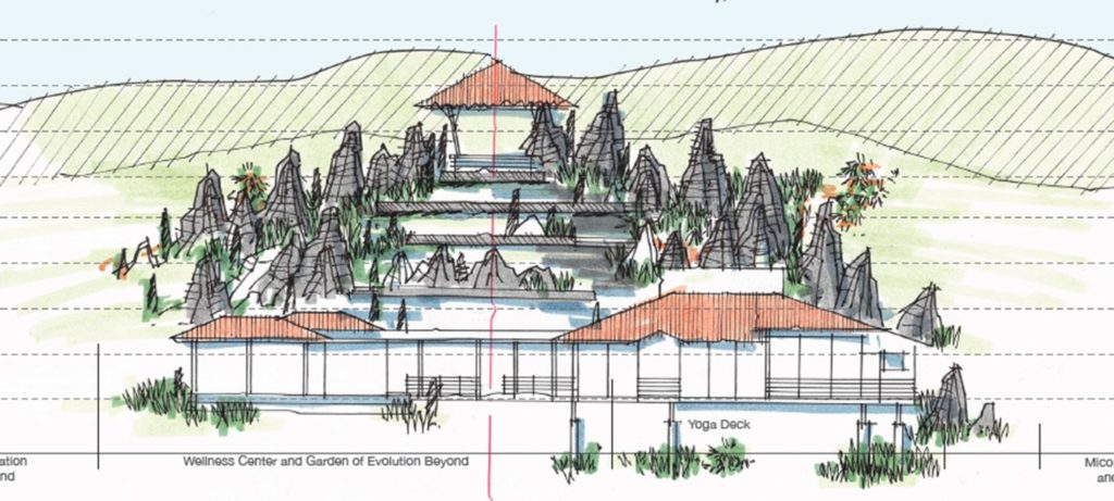 Erste Skizzen: Auch ein Wellness-Center mit Yoga-Deck und „Vulkangarten der Evolution“ ist vorgesehen. (Grafik: Hitesh Mehta)