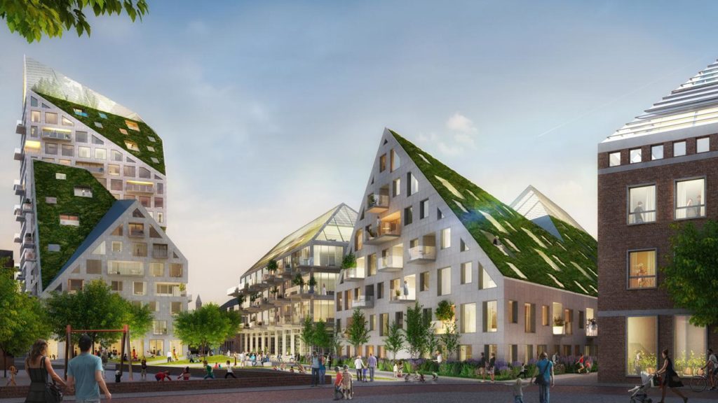 Wiesen auf schrägen Dachflächen, die viel Tageslicht einlassen: Das Rotterdamer Architekturbüro MVRDV hat für Nieuw Bergen ein außergewöhnliches Konzept entworfen. (Bild: MVRDV)