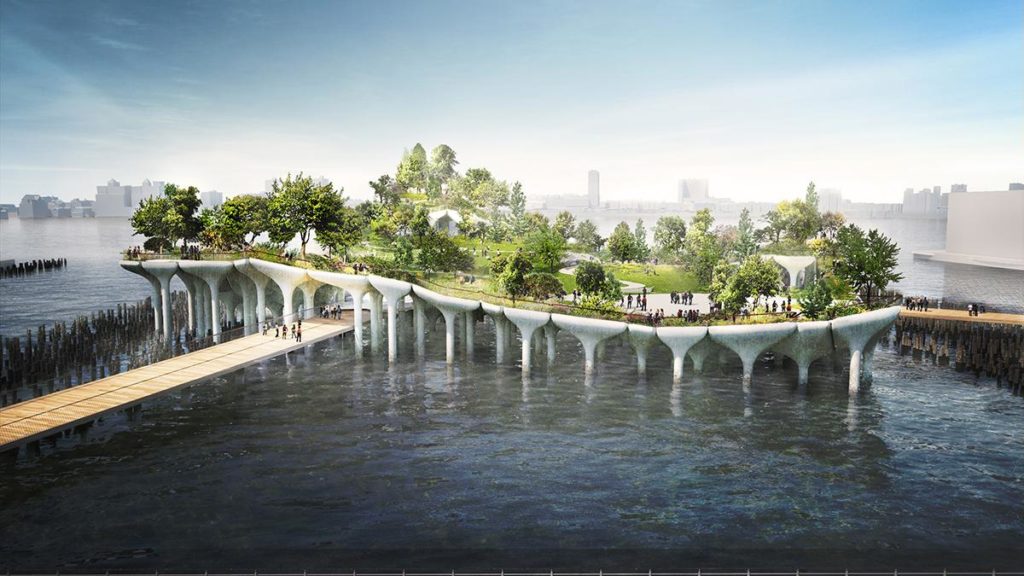 Bequem raus aus der Mega-City: „Little Island“ wird von Manhattan aus über Gehwege erreichbar sein. (Bild: Heatherwick)
