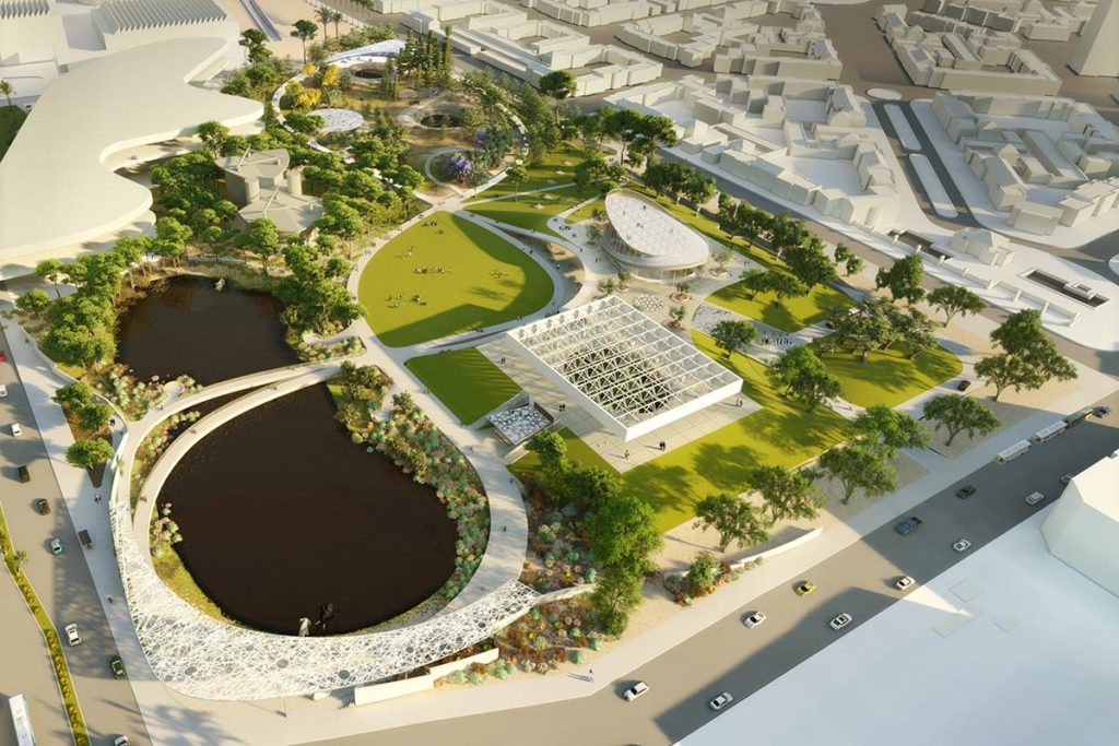 „Loops and Lenses“ nennt das Architekturbüro Weiss/Manfredi sein elegantes Konzept für die nachhaltige Neugestaltung der „La Brea Tar Pits“. (Bild: Weiss/Manfredi)