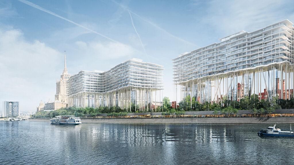 Viel neuer Wohnraum, hoch über Park und historischen Mauern: Herzog & de Meurons Hochhaus legt sich quer über die revitalisierten Gebäude der alten Badaevskiy Brauerei. (Bild: Herzog & de Meuron)