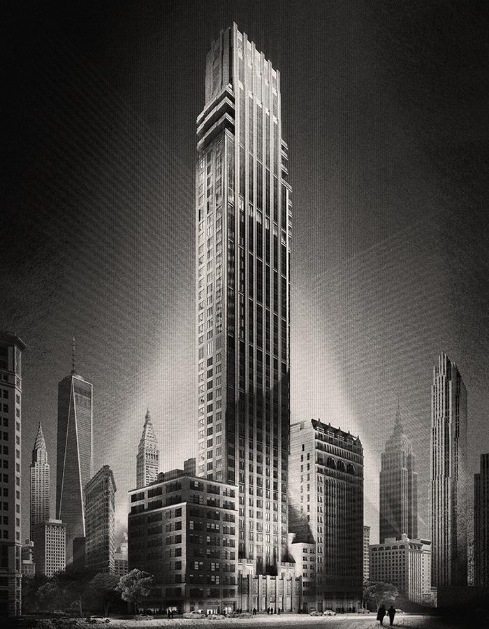 Artwork of the Rose Hill tower, like Gotham City