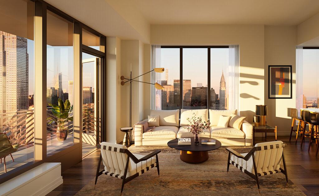 Wohnen mit Weitblick: Die Apartments bieten den „Rose Hill“-Bewohnern grandiose Aussicht auf Manhattans Skyline. (Bild: Rockefeller Group/Recent Spaces)