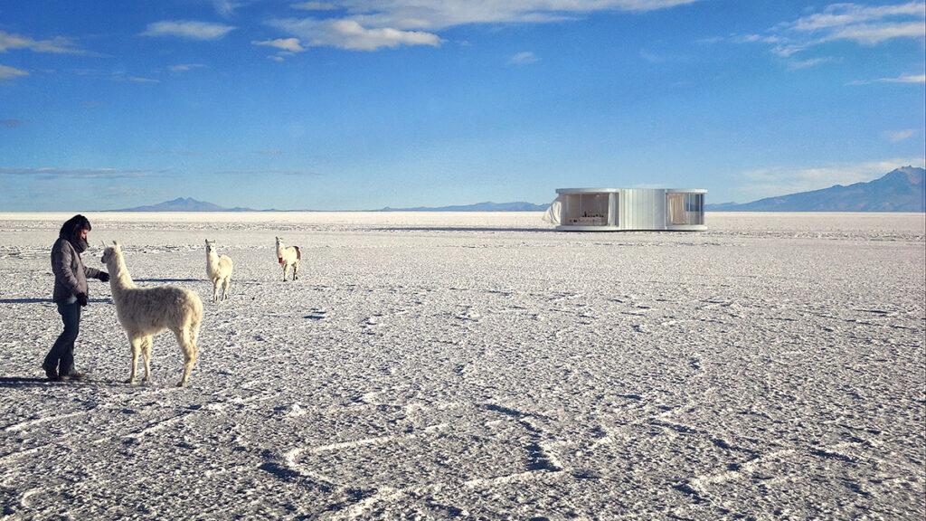 Allein auf weiter Flur: Christophe Benichous Mini-Häuser sind für abgelegene Naturparadiese konzipiert. Im Bild: „Lumishell“ in der bolivianischen Salar de Uyuni, der größten Salzwüste der Welt. (Bild: Christophe Benichou)