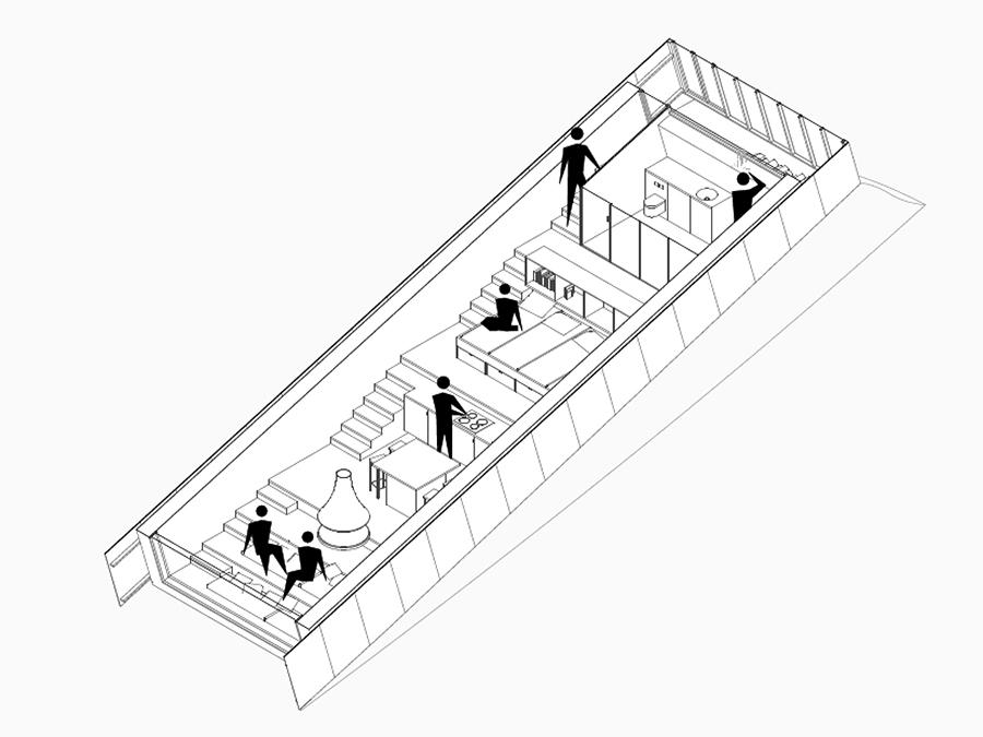 Mini-Häuser für alle Wetter. Terrassenförmig angelegte Wohnräume des „Sliding Shelter“ folgen der Hanglage. (Bild: Christophe Benichou)