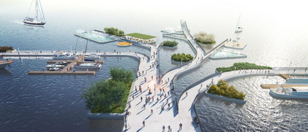 „The Weaves“ verwebt Natur und Stadt. Elegante Pfade „greifen“ wie Finger in den Fluss. (Bild: MVRDV)