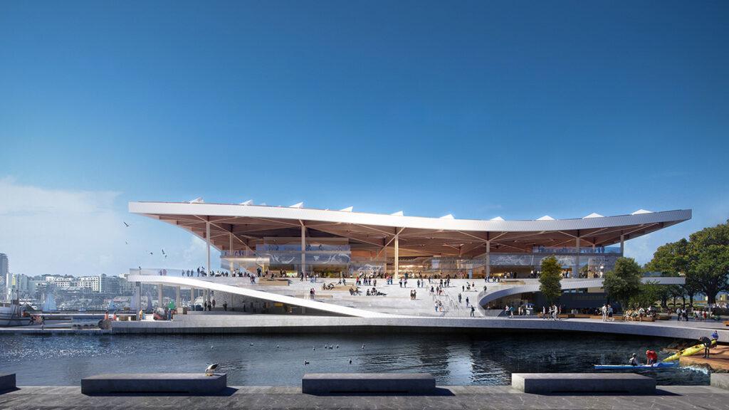 Top-Design für Sydneys Fish Market. Die geschwungene Überdachung ist ein Blickfang, erfüllt jedoch zugleich viele Funktionen. (Bild: 3XN)