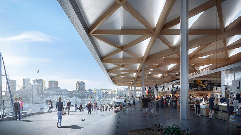 Top-Design für Sydneys Fish Market. Shoppen, relaxen, Fisch genießen: Sydneys neuer Fish Market-Komplex soll Besucher anziehen und begeistern. (Bild: 3XN)