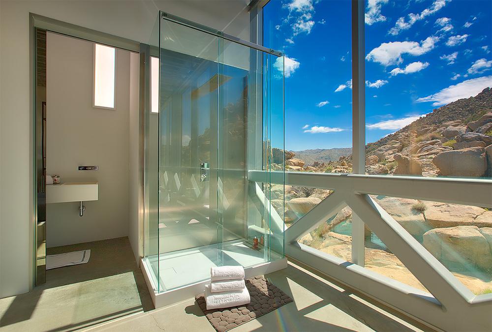 Showering with a panoramic view in Invisible House