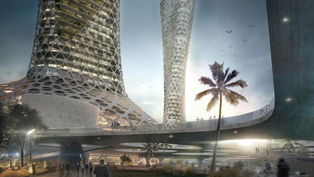 Verbindungsstück der „symbiotischen“ Türme von Dubai ist die öffentliche Plaza mit zwei Ebenen. (Bild: AmorphouStudio)