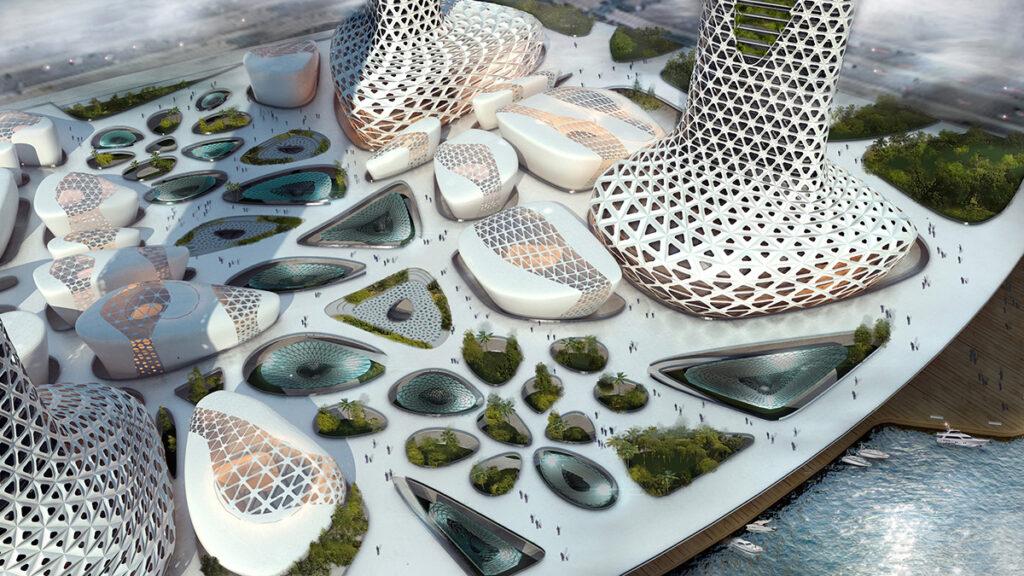 Die „symbiotischen“ Türme von Dubai. Öffnungen in der oberen Plaza bieten Raum für Bäume und Solaranlagen. (Bild: AmorphouStudio)