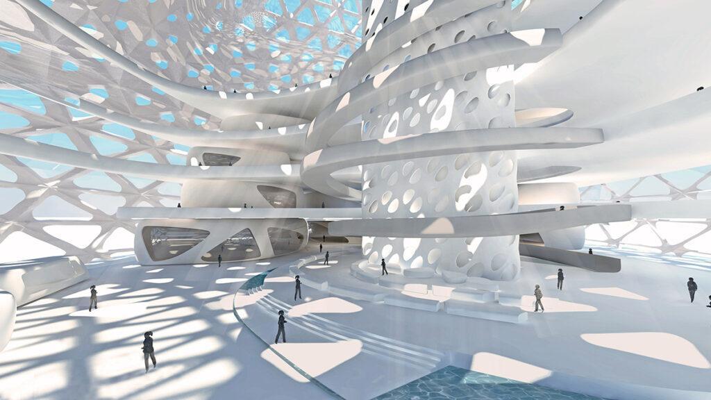 Die „symbiotischen“ Türme von Dubai. AmorphouStudios Design zaubert elegante Licht- und Schattenspiele in die Lobby.(Bild: AmorphouStudio)