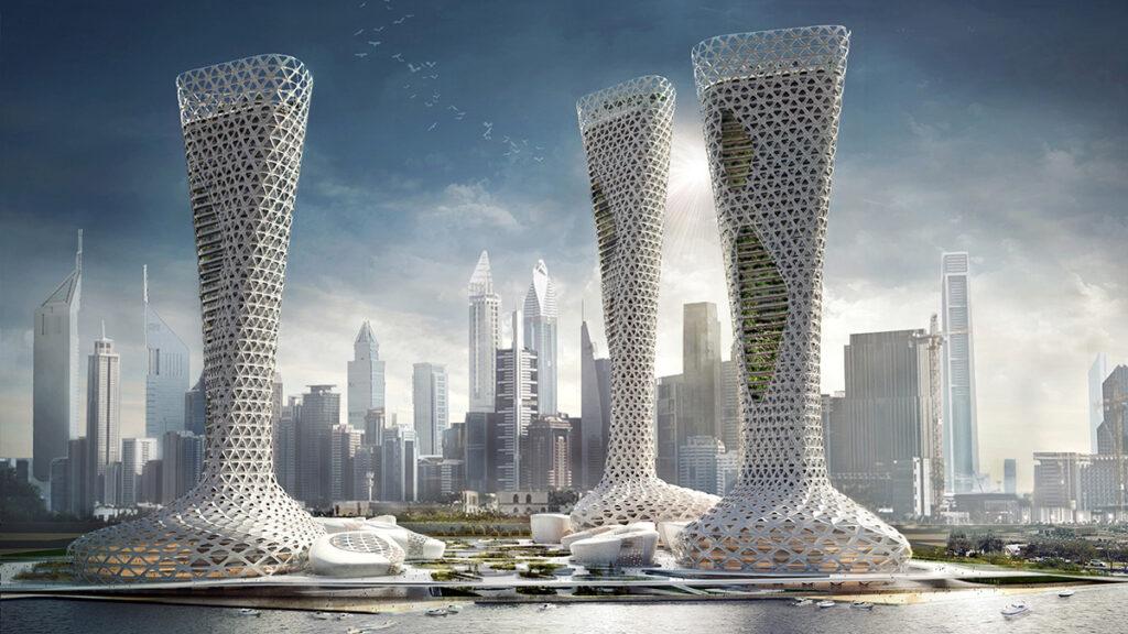 Die „symbiotischen“ Türme von Dubai. Die Form passt sich Sonne und Klima an, um angenehmen Lebensraum zu schaffen. (Bild: AmorphouStudio)