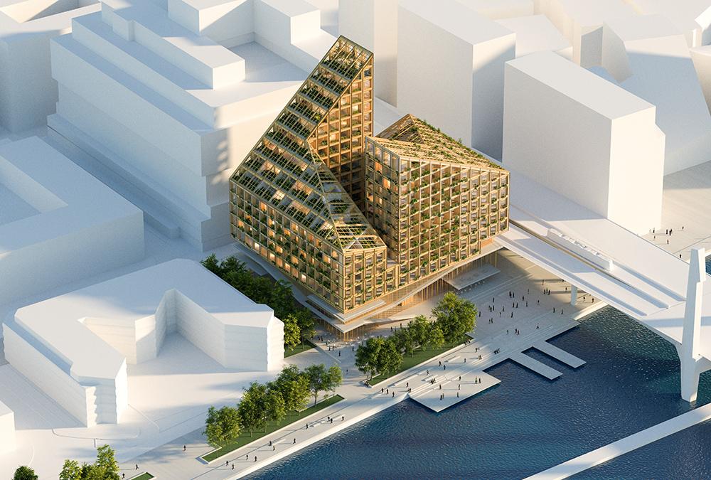 Ein Öko-Bau mit edler Krone. Mixed-Use-Projekt mit vielseitigem Angebot unter der Holzkrone: Dorte Mandrups Entwurf für Göteborgs „Kromet“. (Bild: Dorte Mandrup)