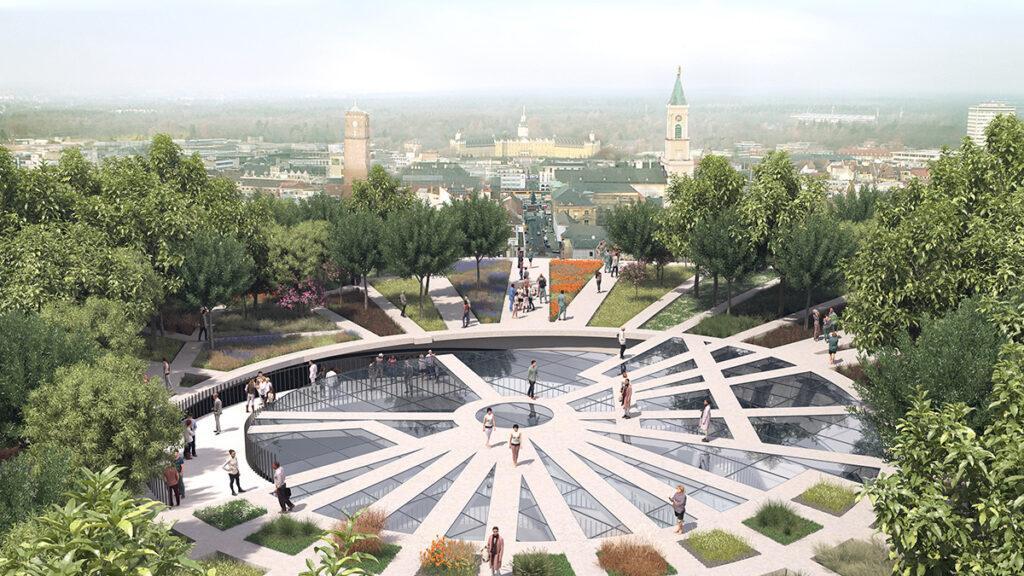 Der „Floating Garden“ am Ettlinger Tor soll die radialen Straßen der Fächerstadt nachbilden und herrlichen Ausblick über Karlsruhe bieten. (Bild: MVRDV)