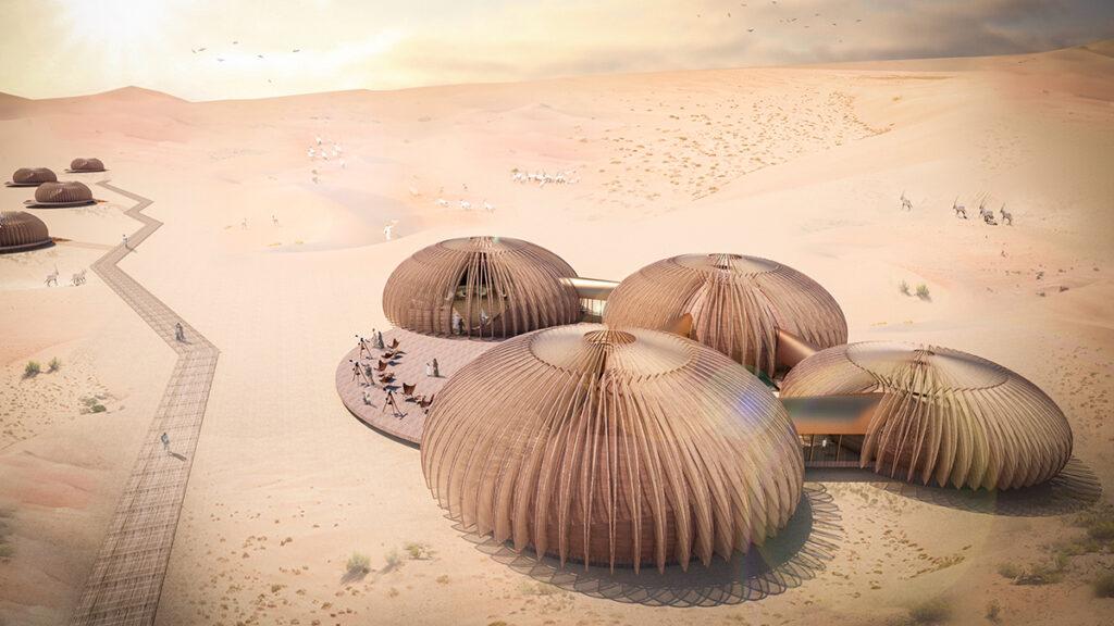 Wohnkapsel macht die Wüste wohnlich. „Oculus“ passt seine Hülle äußeren Bedingungen an wie Pflanzen, die in kargen, heissen Zonen überleben. (Bild: AIDIA STUDIO)