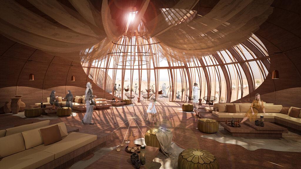 Wohnkapsel macht die Wüste wohnlich. Wie im modernen Beduinenzelt: Die Empfangshalle der „Oculus“-Anlage. (Bild: AIDIA STUDIO)
