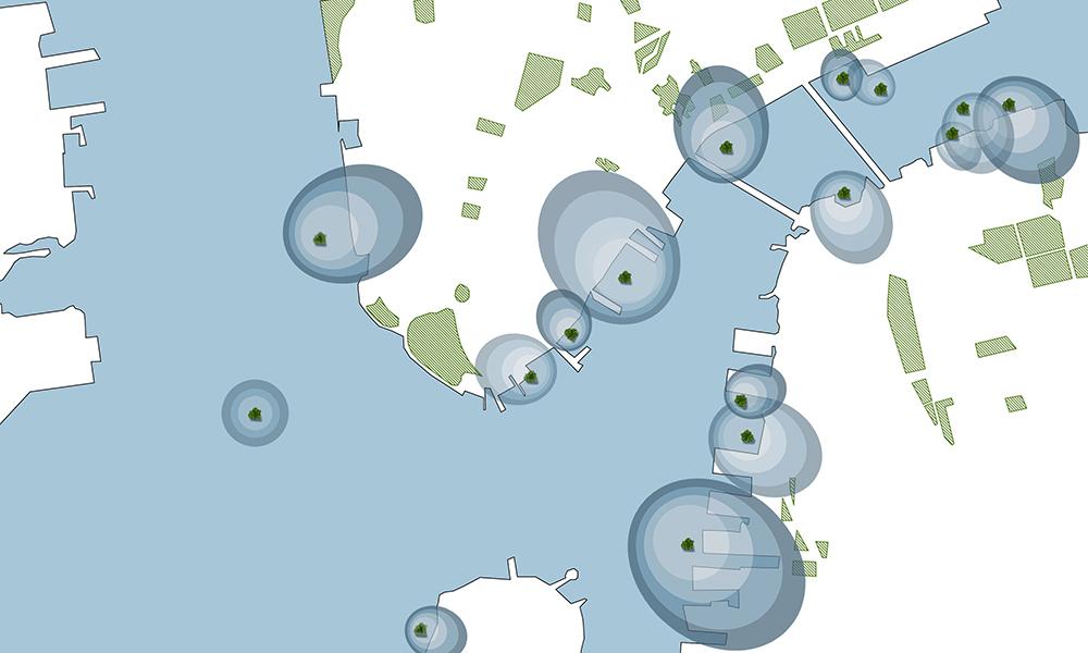 Grüne Stadterweiterung auf Wasser. New York könnte von der Idee der niederländischen Architekten profitieren – mit einem „Sea Tree Wald“ rund um Manhattan. (Bild: Architect Koen Olthuis, Waterstudio)