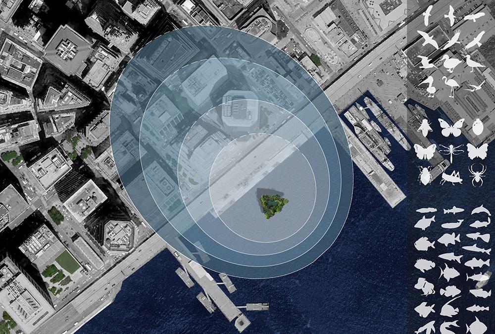 Grüne Stadterweiterung auf Wasser. Die schwimmenden, für Natur reservierten Wolkenkratzer sollen CO2 „schlucken“ und weit über ihren Ankerplatz hinaus für gesündere Umwelt sorgen. (Bild: Architect Koen Olthuis, Waterstudio)