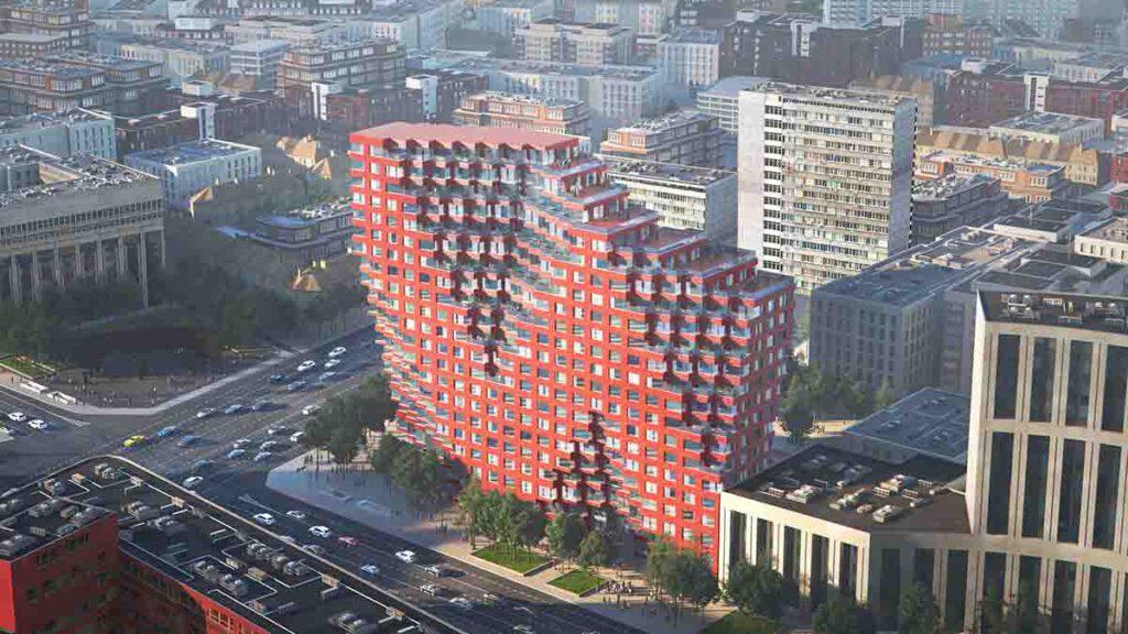 Außergewöhnliche Gebäudeform und Farbe: Der „Red 7“ Neubau an Moskaus Gartenring. (Bild: MVRDV)