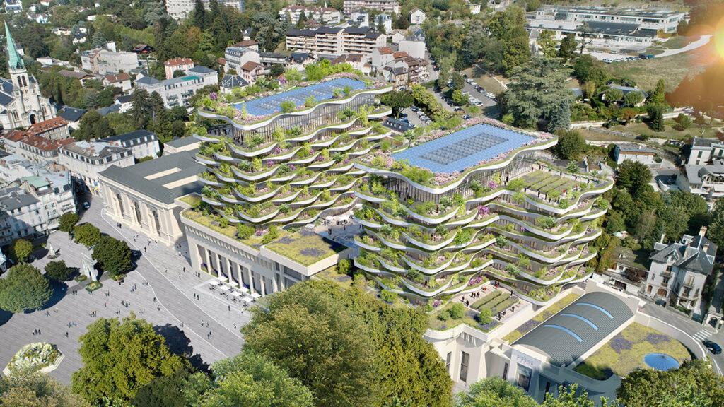 Aerial view of new thermal centre in Aix-les-Bains designed by Vincent Callebaut