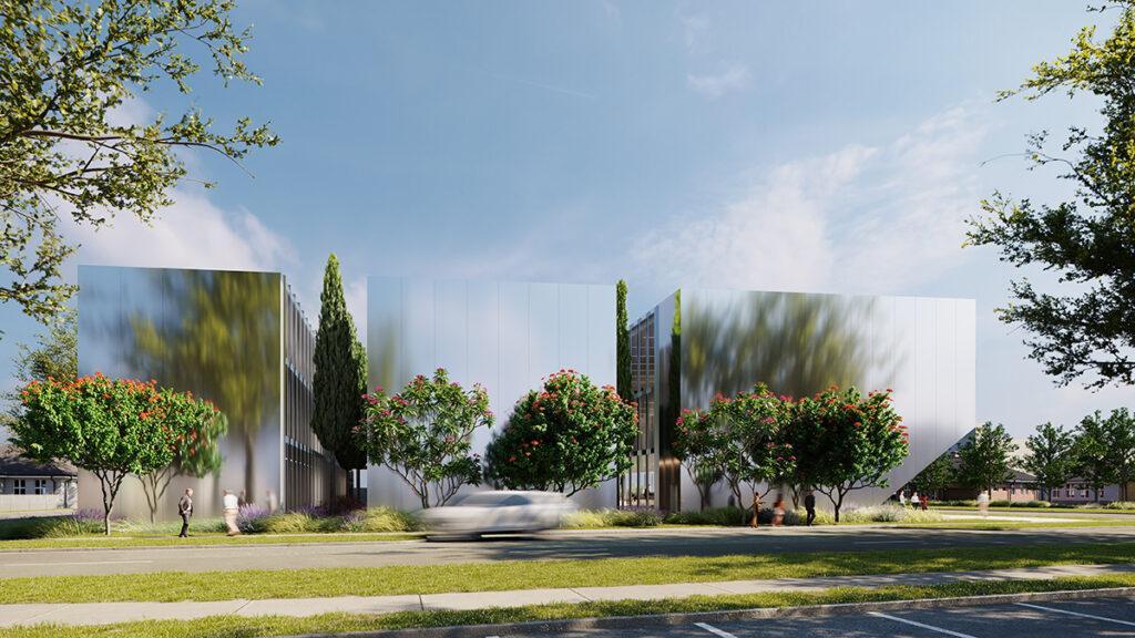 Gleaming aluminium on the outside, hope for ground-breaking healthcare solutions on the inside: New Orleans’ new innovation centre. (Image: Trahan Architects)