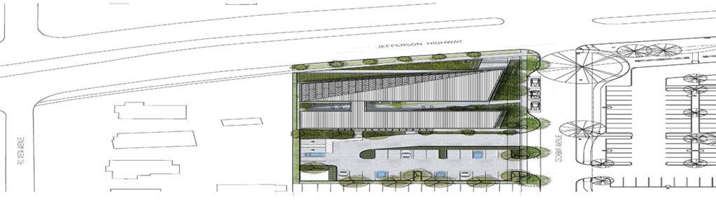 The healthy Ochsner Center. Bordering the site to the west is a housing complex; overlooking it from the east is a high-rise hospital. (Image: Trahan Architects)