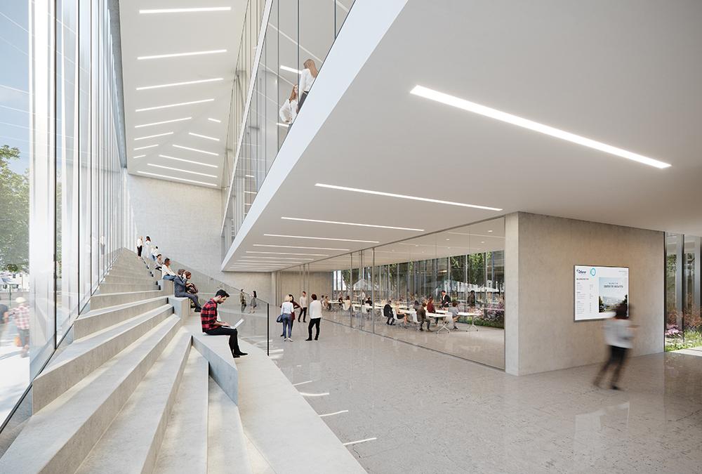 The inviting lobby in the atrium of the new Ochsner Center for Innovation. (Image: Trahan Architects)