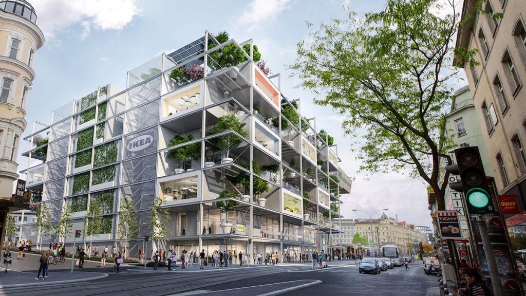 Klimaschutz per Möbelhaus. Designt vom Wiener Büro querkraft, GREENPASS zertifiziert und direkt am Westbahnhof gelegen: Der neue, „grüne“ IKEA City-Store. (Bild: ZOOM visual projects gmbH)