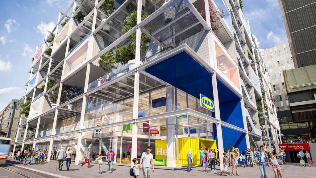 Zentral gelegen, bunt und grün: Der City-Store, der zum Kimaschutz beiträgt, soll zum einladenden neuen Treffpunkt werden. (Bild: ZOOM visual projects GmbH)