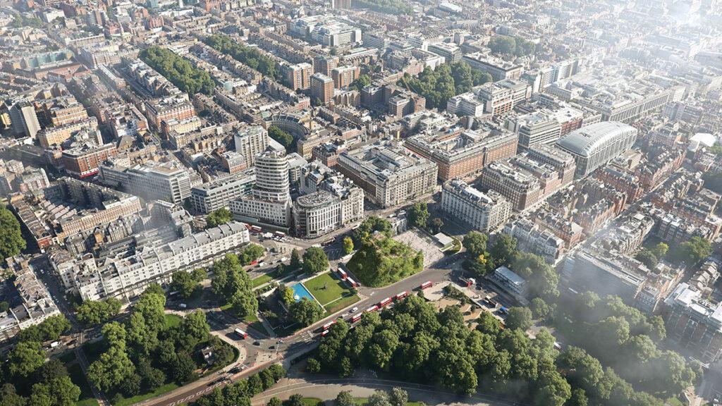 Grüner Knotenpunkt: Der temporäre „Marble Arch Hill" verbessert die Verbindung zwischen Oxford Street und Hyde Park. (Bild: MVRDV)