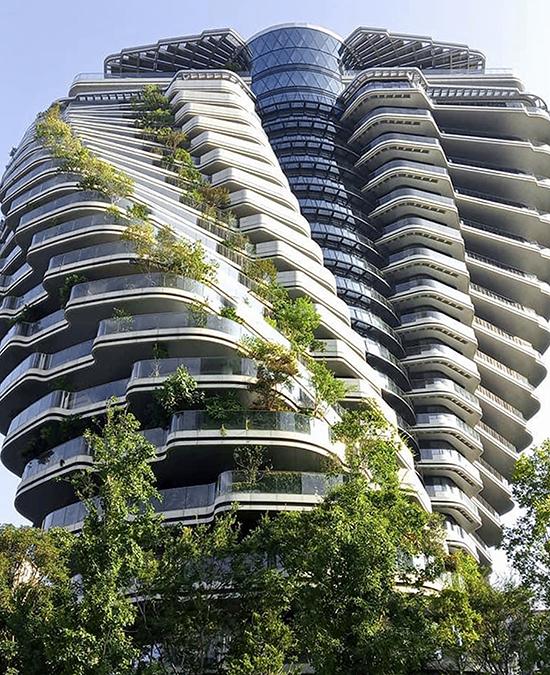 Wohnbau mit dem „Dreh“ für umweltfreundlichen Komfort: Vincent Callebauts grüner Turm in Taipeh. (Bild: Vincent Callebaut Architectures)