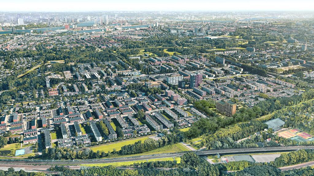 Aerial view of area surrounding new timber housing project in Rotterdam (Image: Powerhouse Company)