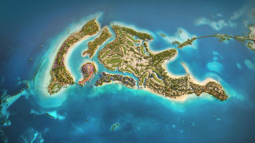 Shurayrah Island von oben: Das Design von Foster + Partners wird die Insel zum beeindruckenden „Tor“ des gesamten Urlaubsparadieses machen. (Bild: Foster + Partners / TRSDC)