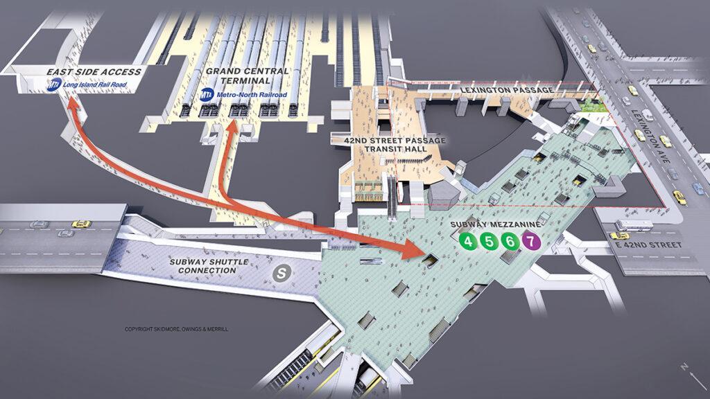 Demolishing the Grand Hyatt enables short, easy routes to be created between the various forms of public transport. (Credit: SOM)