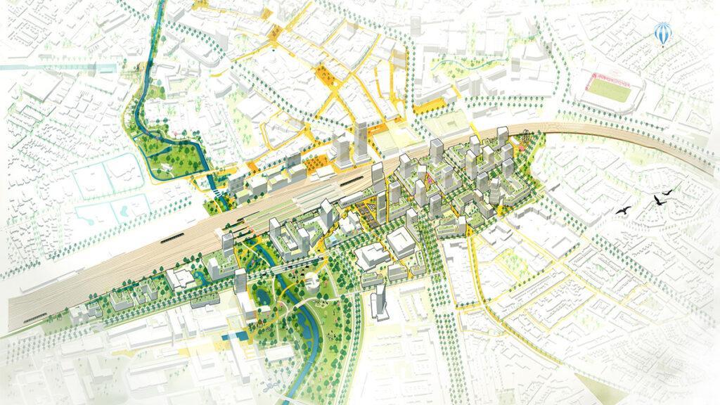 Das Entwicklungskonzept „Fellenoord / Internationale Knoop XL“ soll ein zukunftsfittes, attraktives Stadtquartier schaffen. (Bild: KCAP)