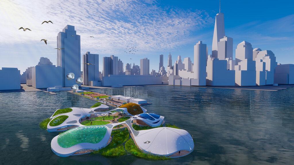 Zukunftsvision: Nachhaltige, schwimmende Bauten nach dem Modell des „We the Planet“ Campus könnten auch anderen Küstenstädten große Vorteile bringen. (Bild: 3deluxe architecture)