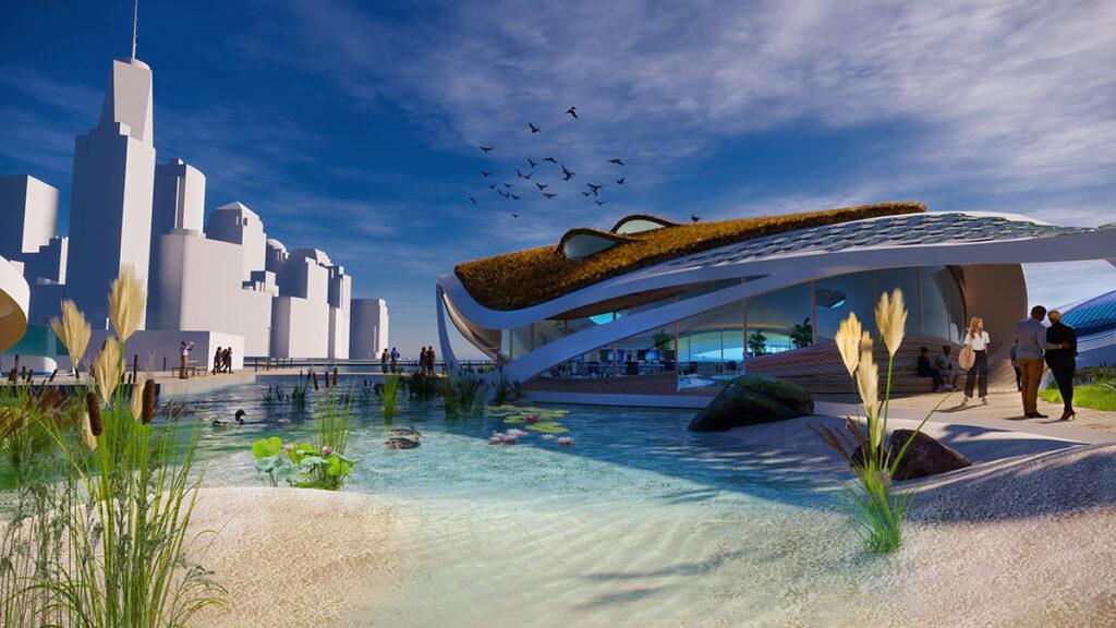 Über das „We the Planet“ Campus-Modell hinaus: Schwimmende Biotope könnten Städte um Naturparadiese bereichern. (Bild: 3deluxe architecture)