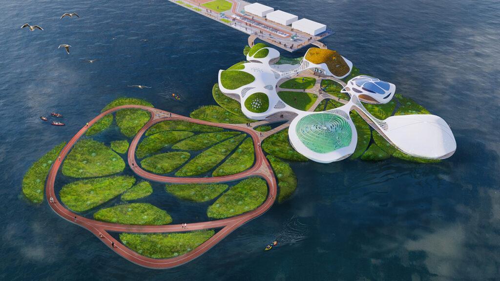 Über das „We the Planet“ Campus-Modell hinaus: Schwimmende Biotope könnten Städte um Naturparadiese bereichern. (Bild: 3deluxe architecture)