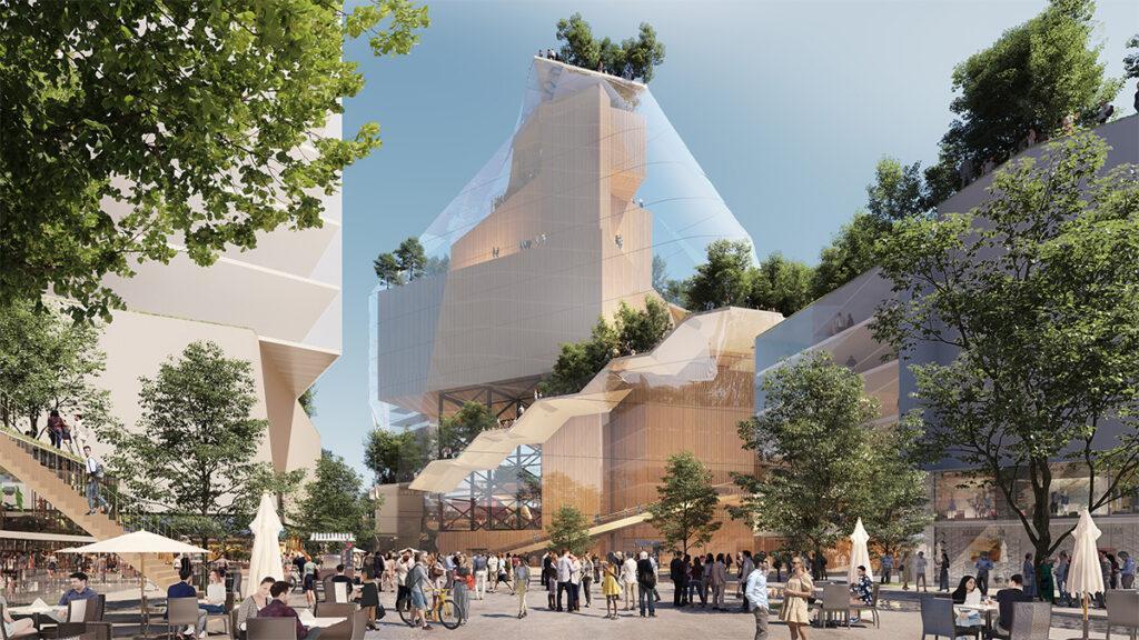 Schöner shoppen in Eindhoven. Zukunft des „Heuvel“: Parkanlagen mit Fernblick auf den Dächern und ein markanter „Berg“ aus Glas. (Bild: MVRDV)