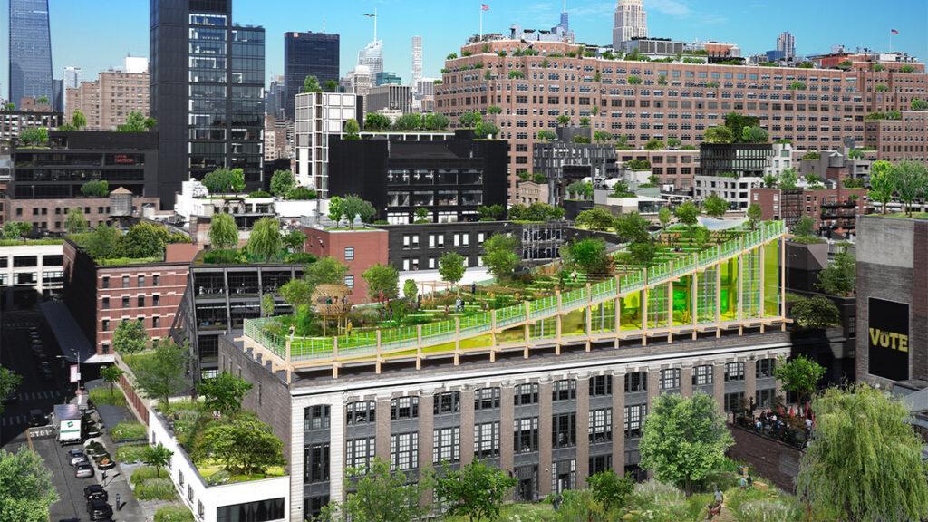 A biotope above Manhattan. Lots of green rooftops: this is how Manhattan could look in the future, the visionaries hope. (Credit: 3deluxe)