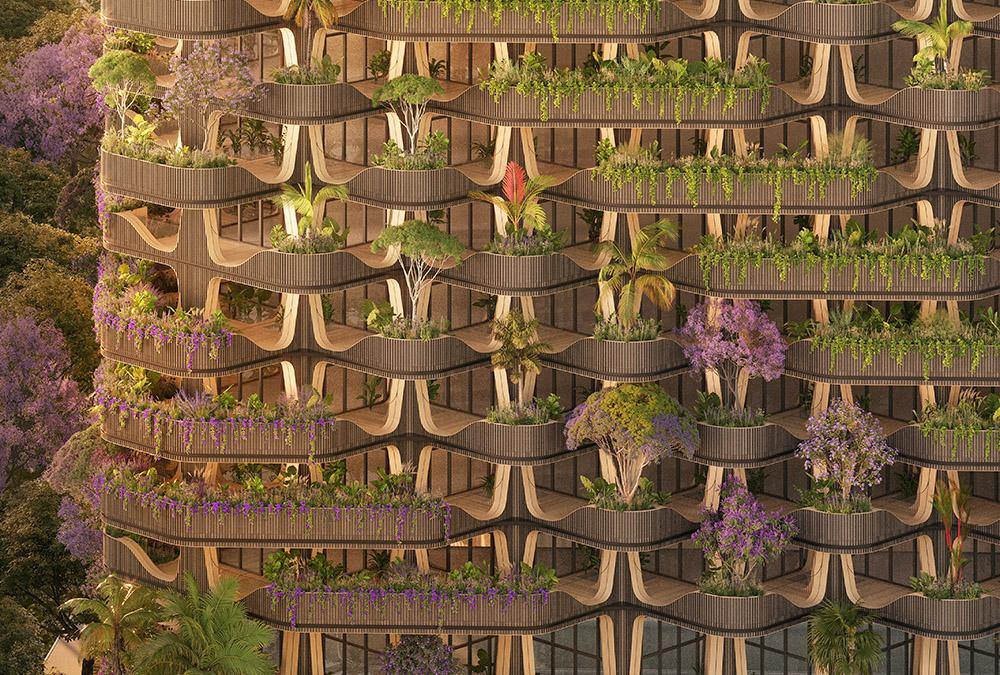 Blumen, Sträucher, Bäume: Der Wohnturm soll rundum üppig bepflanzt werden. (Bild: Vincent Callebaut Architecture)