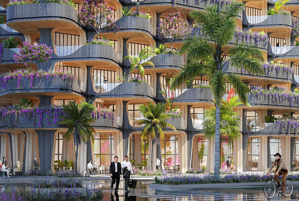 Schönes Entree: Die einladende Lobby des „Rainbow Tree“ Turms. (Bild: Vincent Callebaut Architecture)