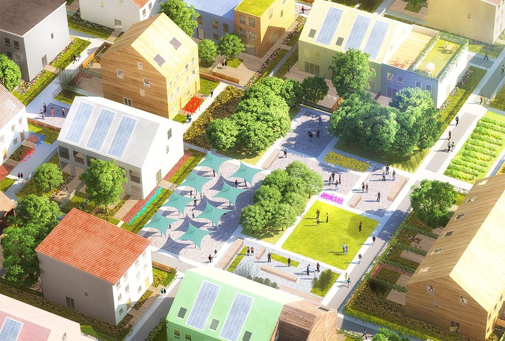 Kaserne wird „Traumhaus“ Siedlung. So wird der Quartiersplatz der „Traumhaus“ Anlage aussehen. (Bild: Antonio Luca Coco, Pavlos Ventouris, Matteo Artico / MVRDV)