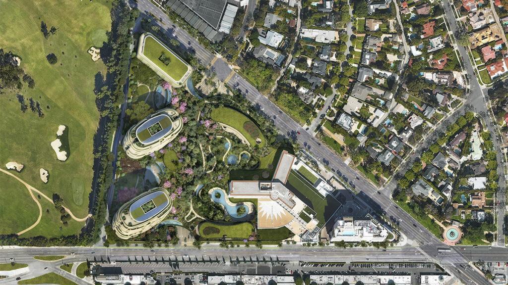 “One Beverly Hills” as a green triangle: half of the grounds will be open to the general public. (Rendering: DBOX / Foster + Partners)