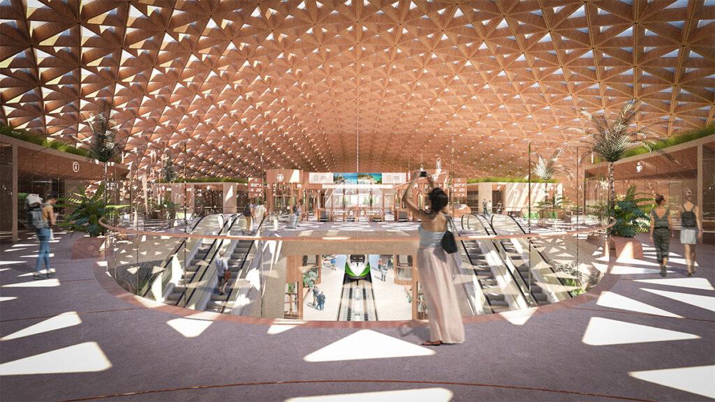 Im neuen Bahnhof von Tulum sogt die Dachkonstruktion für schönes Spiel mit Licht und Schatten. (Bild: Aidia Studio)